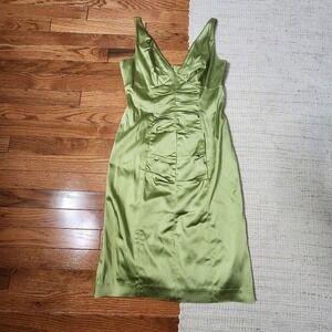 Suzie Chin for Maggy Boutique Green Satin Dress Sleeveless V-Neck Ruched Party 4